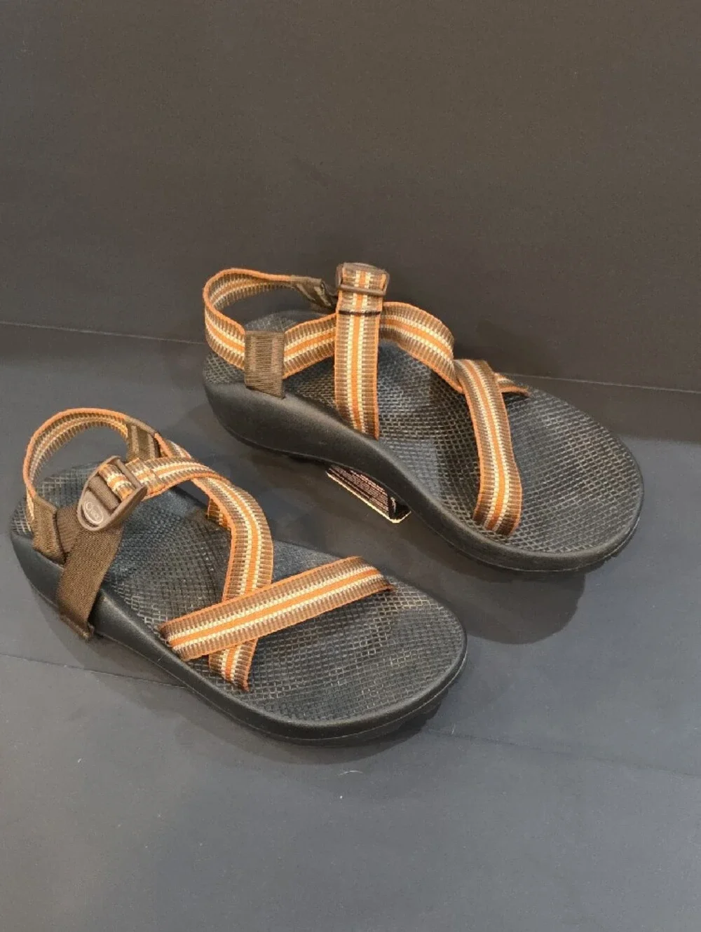 Chaco Men's Vibram Black Sandals with Brown and Orange Straps